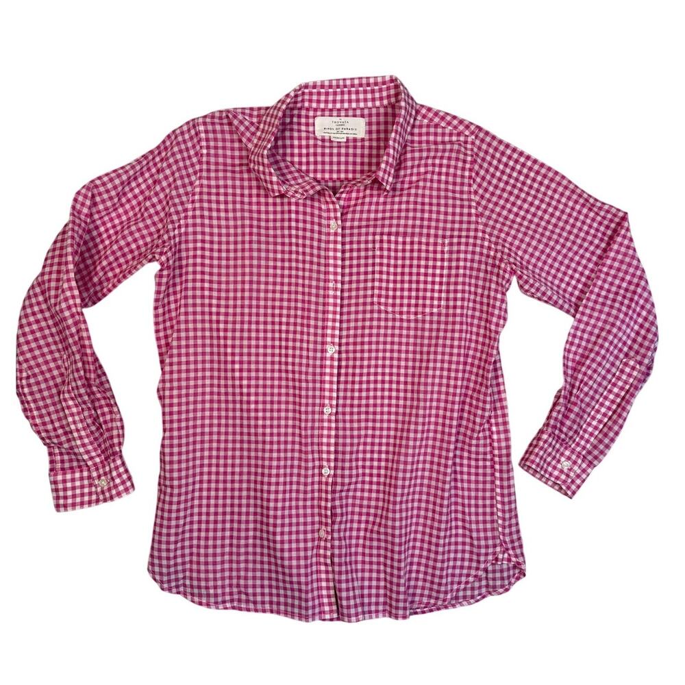Trovata Birds Of Paradise Gingham Pink Button Down Long Sleeve Shirt Medium